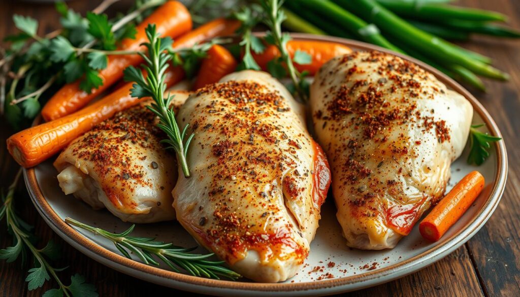 Seasoned bone-in chicken breasts