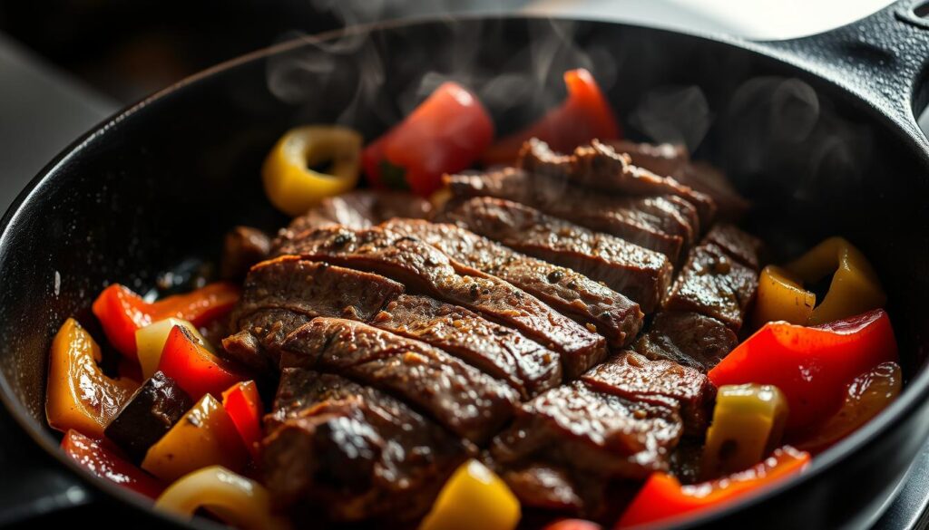 Shaved steak cooking